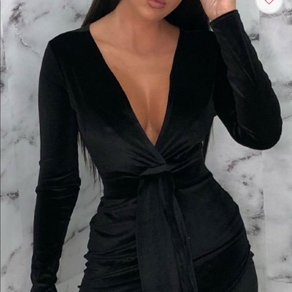 Black Velvet Tie Front Bodycon Mini Dress - Picture 3 of 3